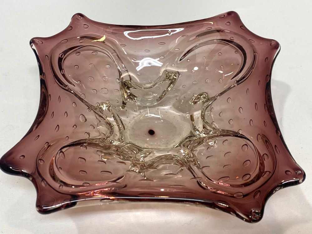Italian Murano Art Glass Bullicante Bowl Dish Purple Plum Controlled Bubbles